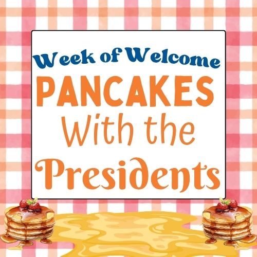 an illustrated stack of pancakes on a plaid background
