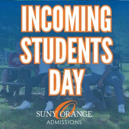 Incoming students day overlaid on a faded photo of students on campus