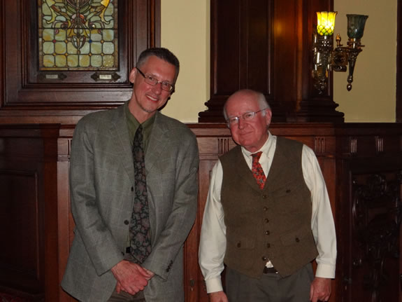 Paul Basinski, Global Studies chair and coordinator of Global Initiative: Africa, greets Dr. Richard Hull of New York University before his talk on October 9.