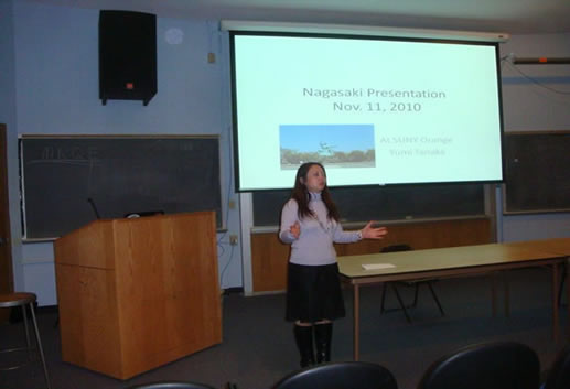 Yumi Tanaka addresses a Global Initiative audience on the Atomic Bombing of Japan in 1945.