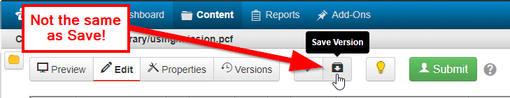 Screen shot of the Page Actions toolbar showing difference between the "Save Versions" icon there and the "Save" icon in the JustEdit toolbar