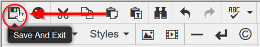 The left side of the editing JustEdit toolbar is shown, enlarged. The floppy disk icon is highlighted. The mouse pointer is over the icon and the text "Save And Exit" is shown. The floppy disk icon for saving in highlighted and the tool tip text "Save and Exit" is shown.