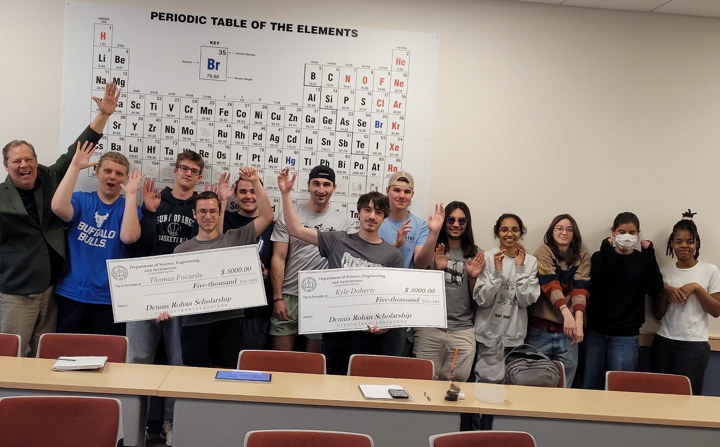 Image of Dr. John Wolbeck, Dylan Miedema, Noah Swart, Thomas Focarile, Vincent Linarello, Gavan O’Brien, Kyle Doherty, John Bandura, Elijah Paneto, Samantha Ramnarine, Oliva MacEntee, Christy Renteria Vidal. Thomas Focarile and Kyle Doherty are holding giant checks for $5000 each. 