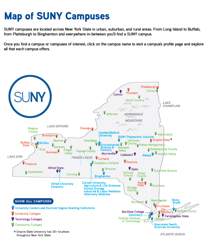 Map of New York state with markers for all SUNY Schools.  Clicking this image brings users to the interactive version of the map where they can choose the campus they want to learn more about. 